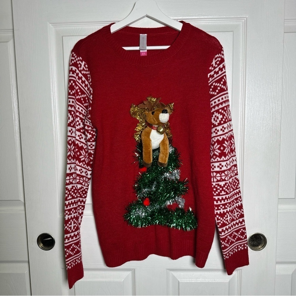 Ugly Christmas Sweater Juniors Womens 3D Pop Out Reindeer Tinsel Bell Medium - Picture 1 of 10